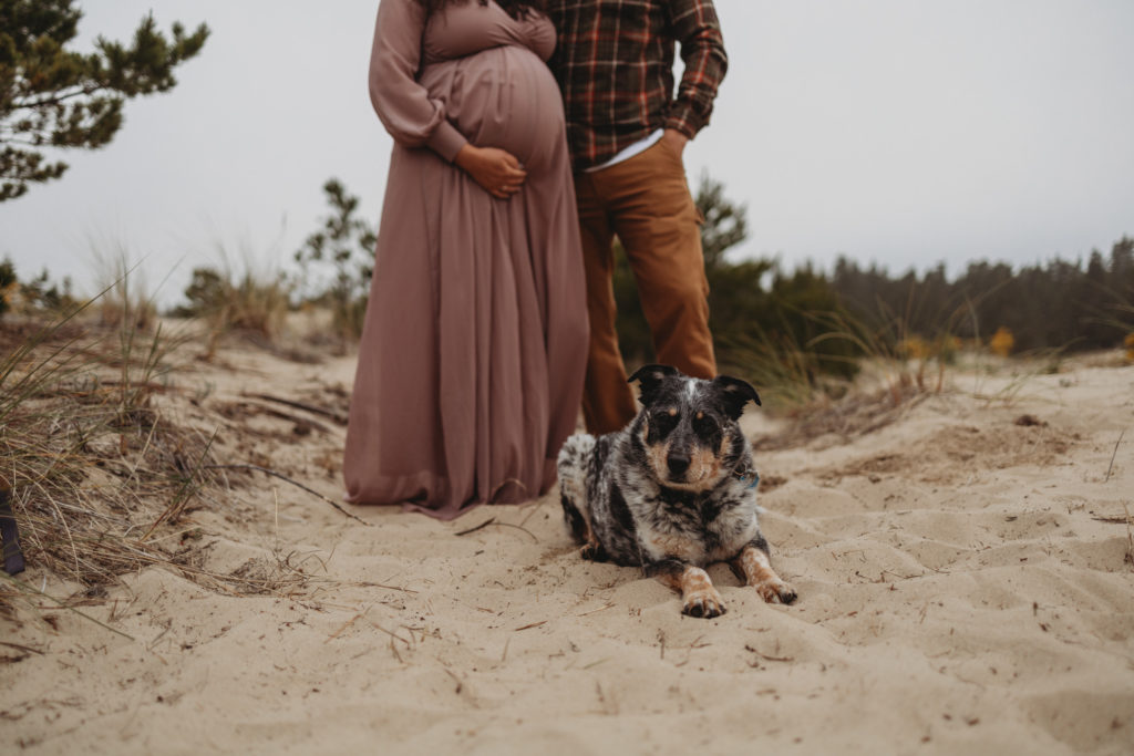 Dog and family awaiting the arrival of their newest addition during an Oregon Coast maternity session
