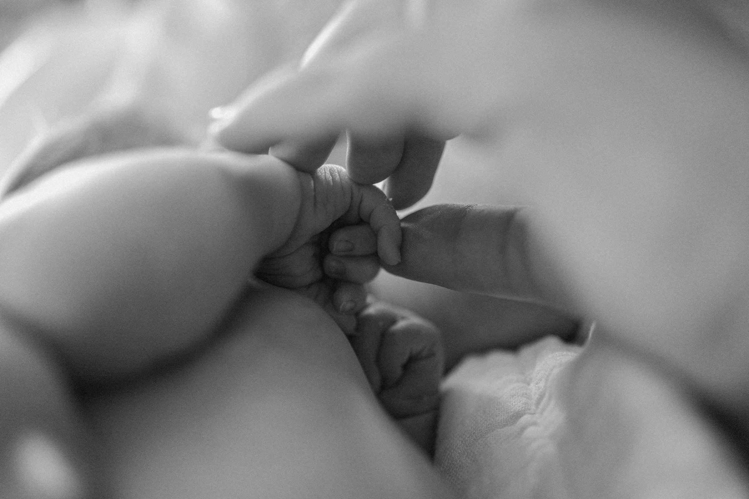 Mother grasping babies hand in black and white image during a Eugene Oregon newborn session