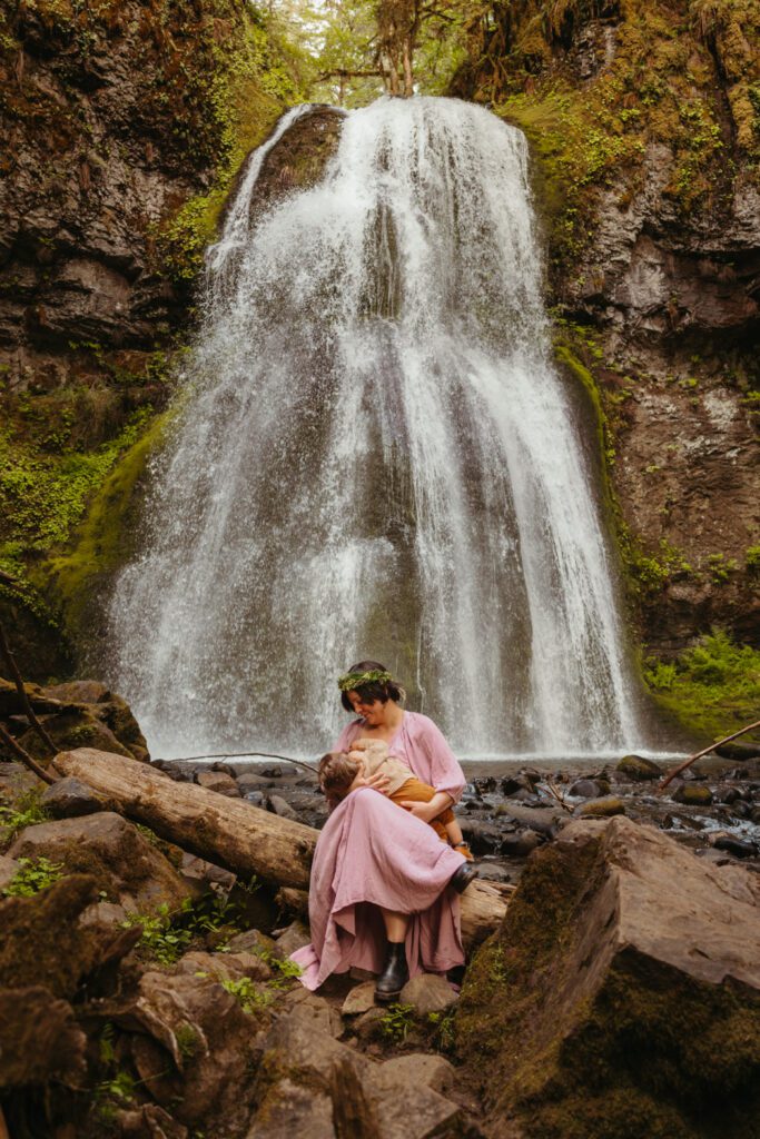 Mom and son in front of Spirit Falls, one of my top locations for summer family sessions as a Eugene, Oregon based family photographer