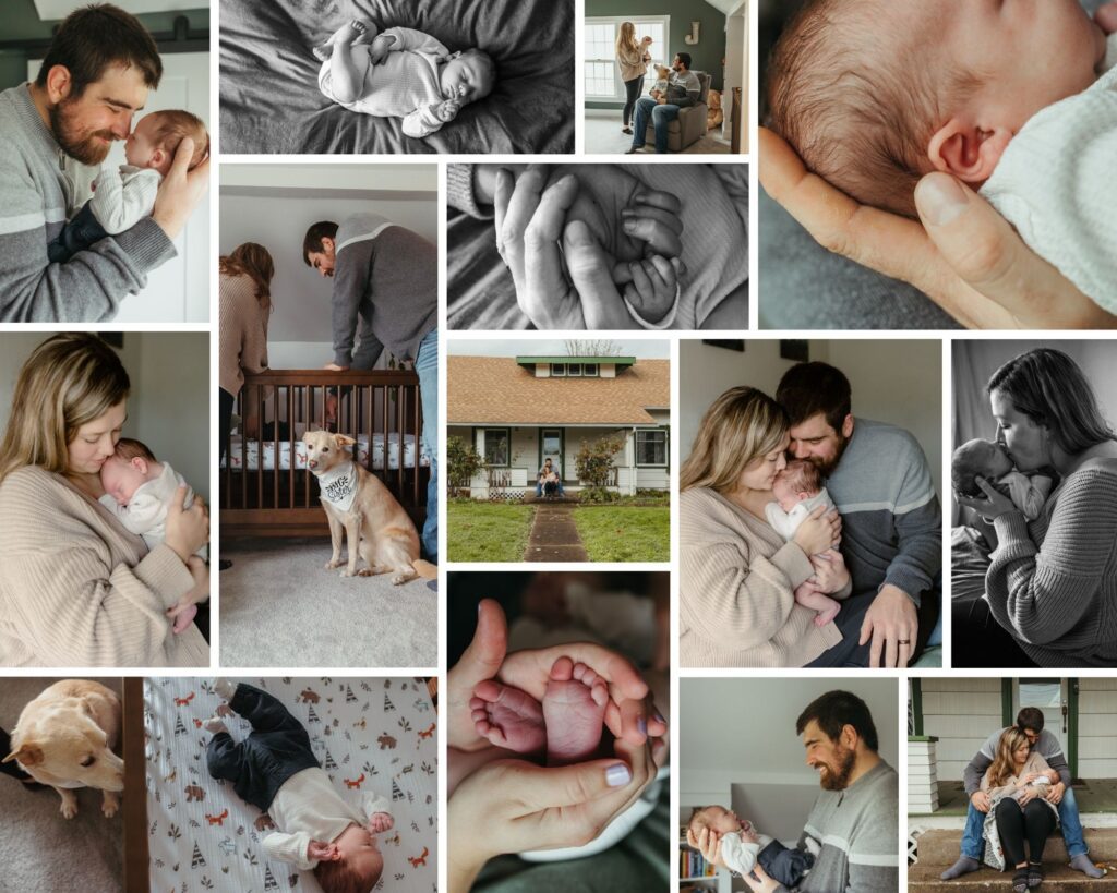 Collage of in-home newborn session that is calm and connected as clients knew how to prepare for an in-home newborn session